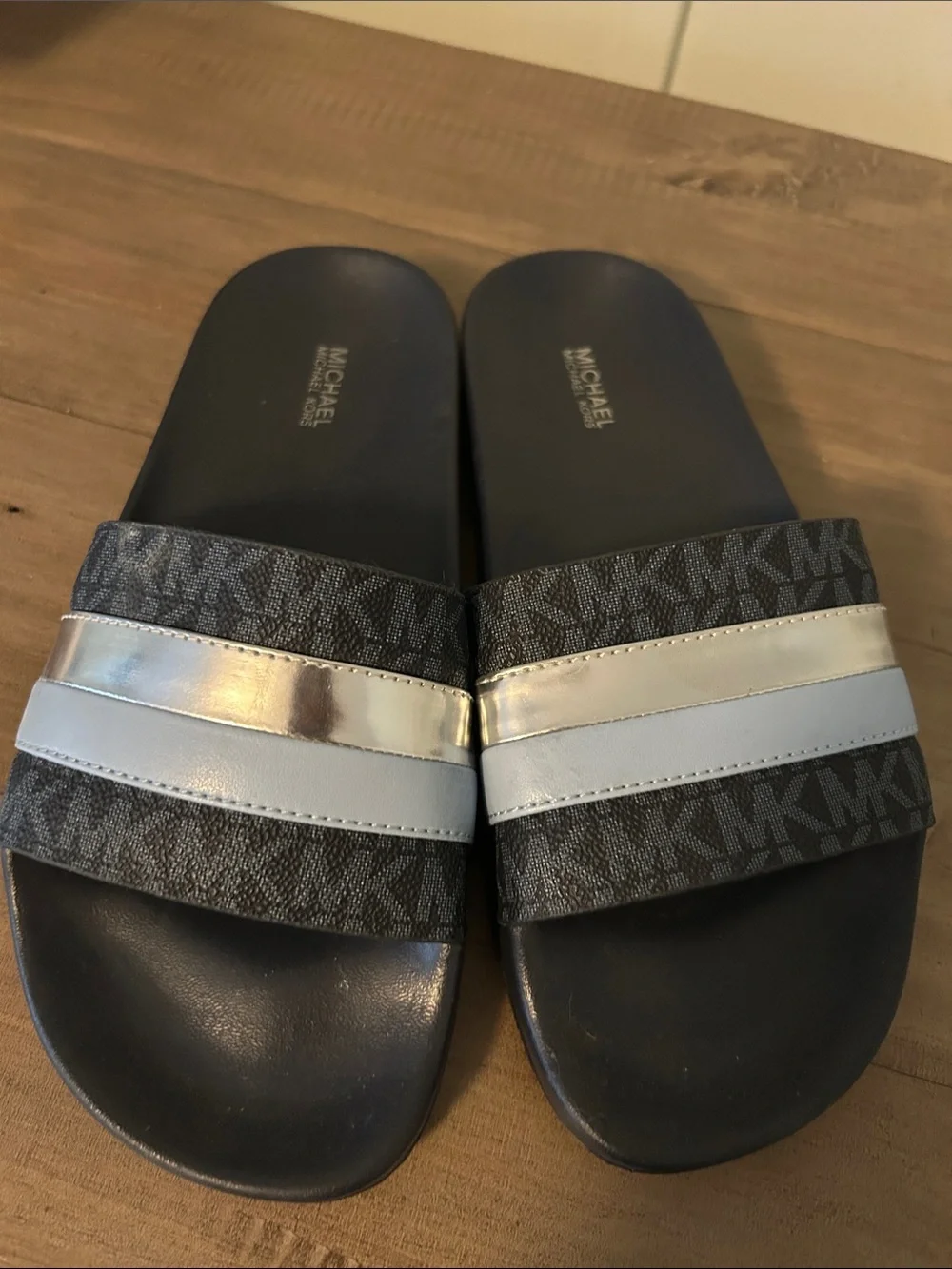 Michael Kors Black and Silver Logo Slide Sandals